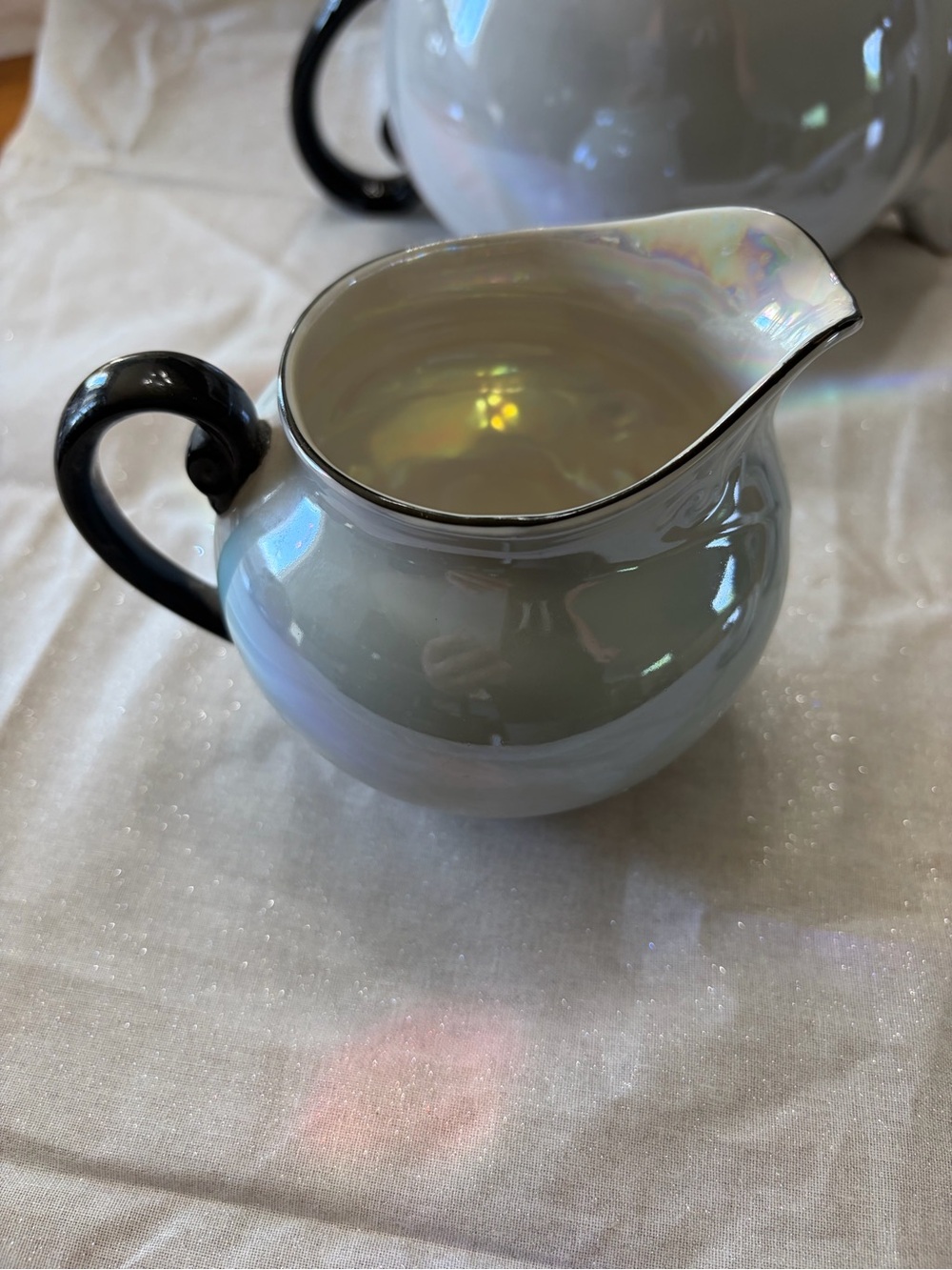 Atlantic Czechoslovakia Sky Blue Luster Ware Black Handle Teapot, Sugar& Creamer - Picture 6 of 16